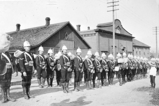 The Yukon Field Force on parade in Vancouver while en route to the Yukon in 1898.