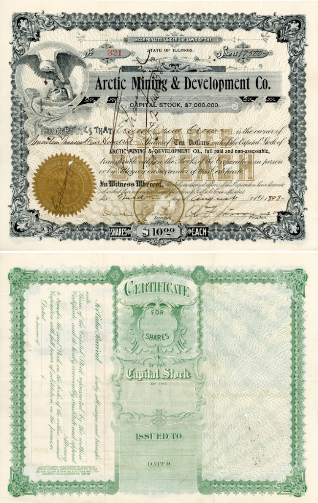 Arctic Mining & Development Co. stock certificate, 1898