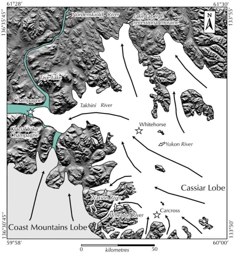 Map of the Cassiar re-advance period of the McConnell glacial retreat. From Jeffrey D. Bond, 2003.