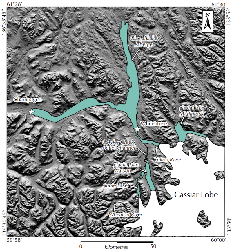 Map of the Cowley stage of the McConnell glacial retreat. From Jeffrey D. Bond, 2003.