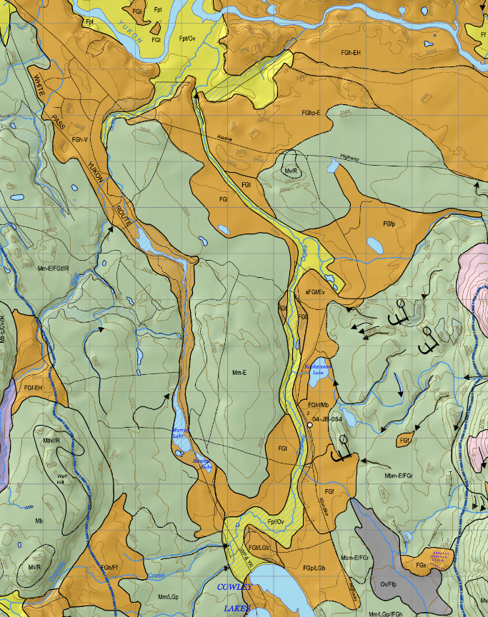 A section of Geoscience Map 2005-6: Surficial Geology of MacRae, showing the Cowley Creek outlet channel for glacial lake Watson.