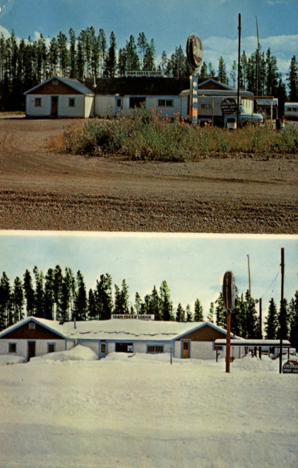 A postcard with two photos showing Iron Creek Lodge in both summer and winter, ca. 1975.