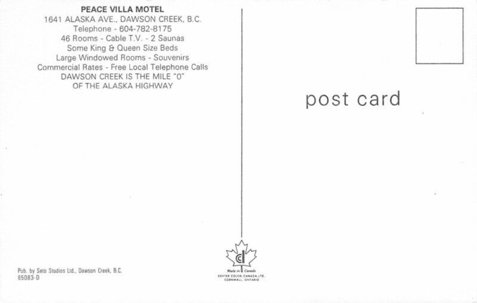 Postcard showing the Peace Villa Motel in Dawson Creek in about 1980.
