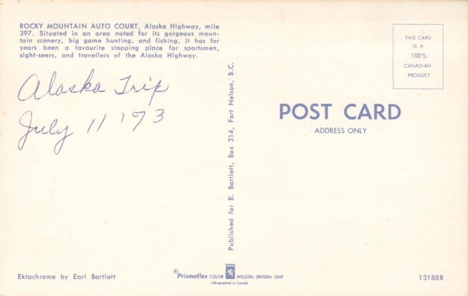 Postcard showing Rocky Mountain Auto Court on the Alaska Highway in about 1970.