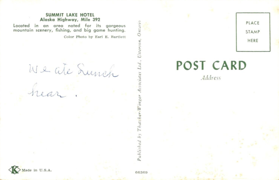 Postcard showing The Summit Motel and Cafe on the Alaska Highway in about 1960.