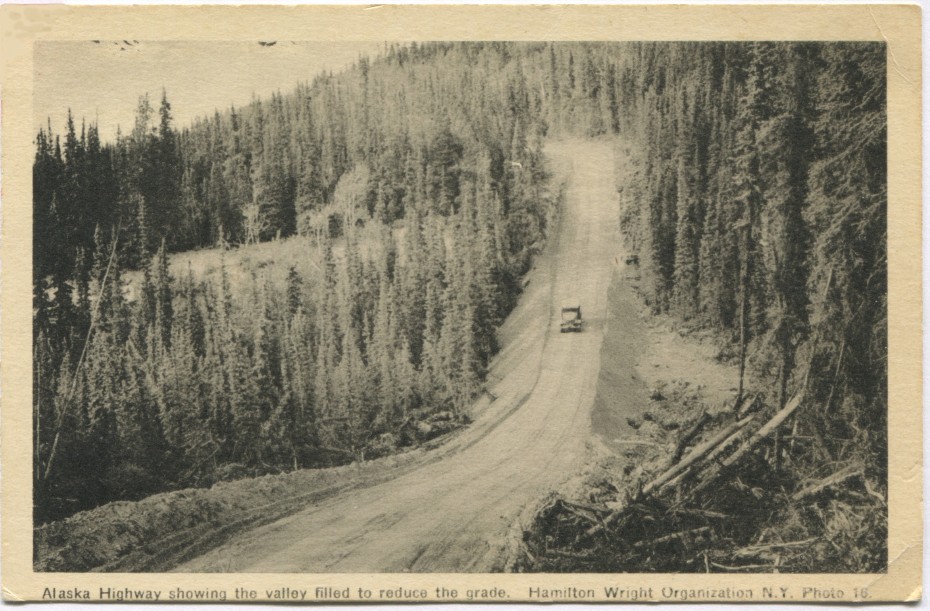 Postcard showing a small valley filled to reduce the grade, 1940s
