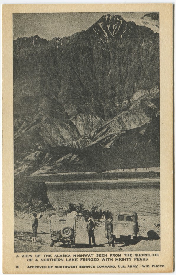Postcard showing  an Army jeep and carryall on the Alaska Highway at Kluane Lake, 1940s