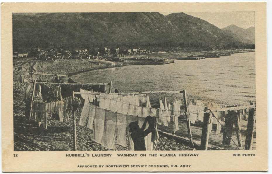 Hubbell's laundry on Kluane Lake, Alaska Highway, 1940s