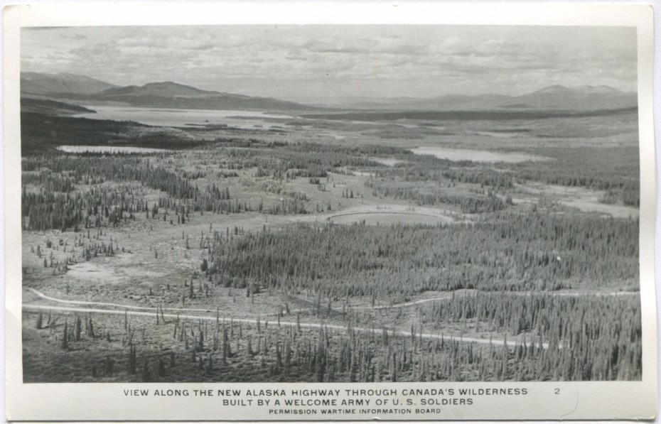 Postcard showing an aerial view of the wilderness along the new Alaska Highway, 1940s
