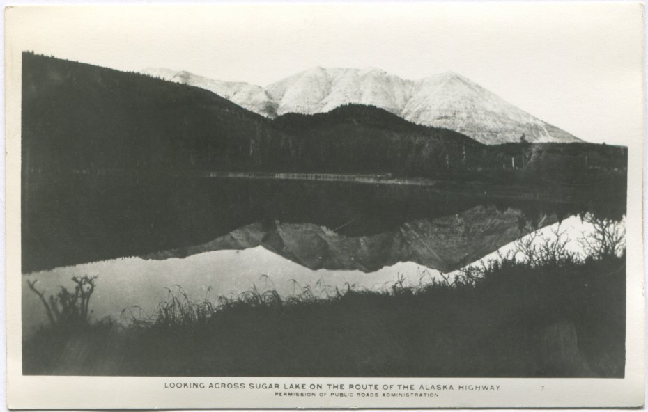 Alaska Highway postcard showing Sugar Lake, 1940s