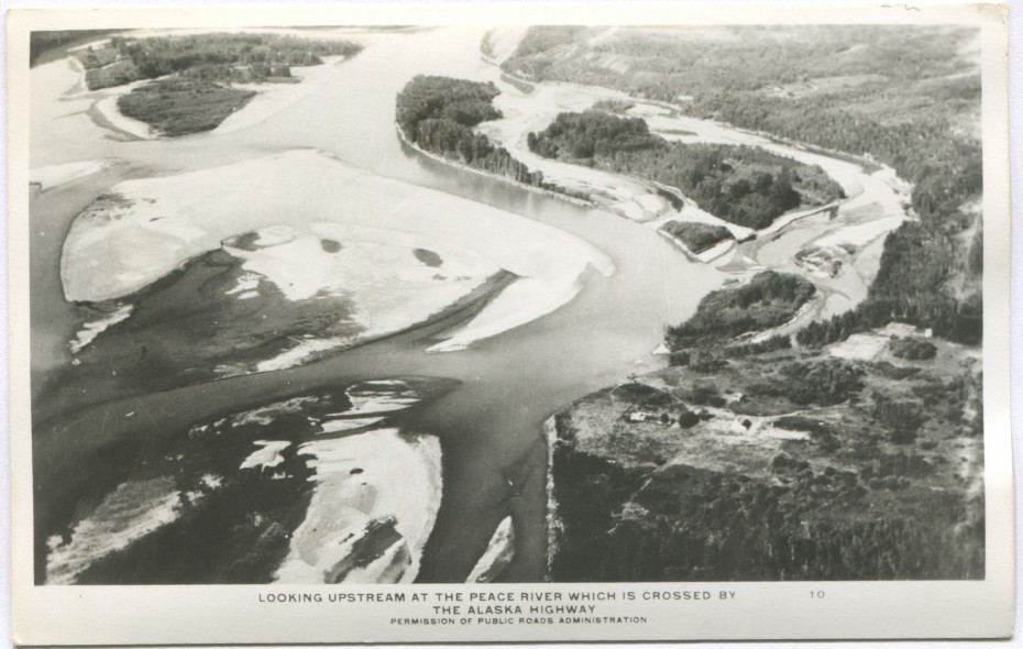 Alaska Highway postcard showing the Peace River, 1940s