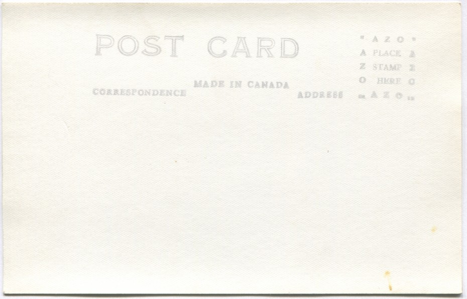 Reverse of a 1940s Alaska Highway postcard with an AZO stamp box
