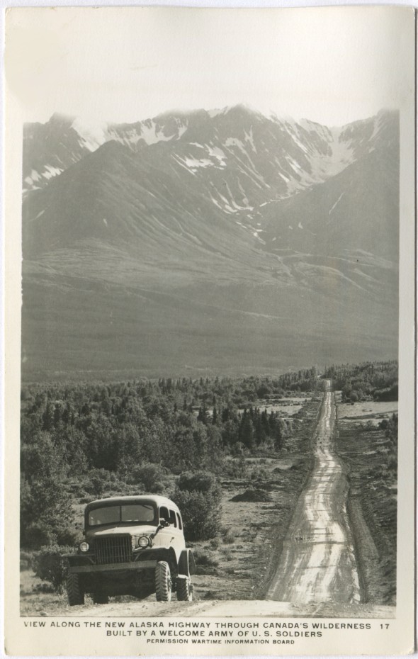Alaska Highway postcard showing an Army carryall on the dirt road, 1940s