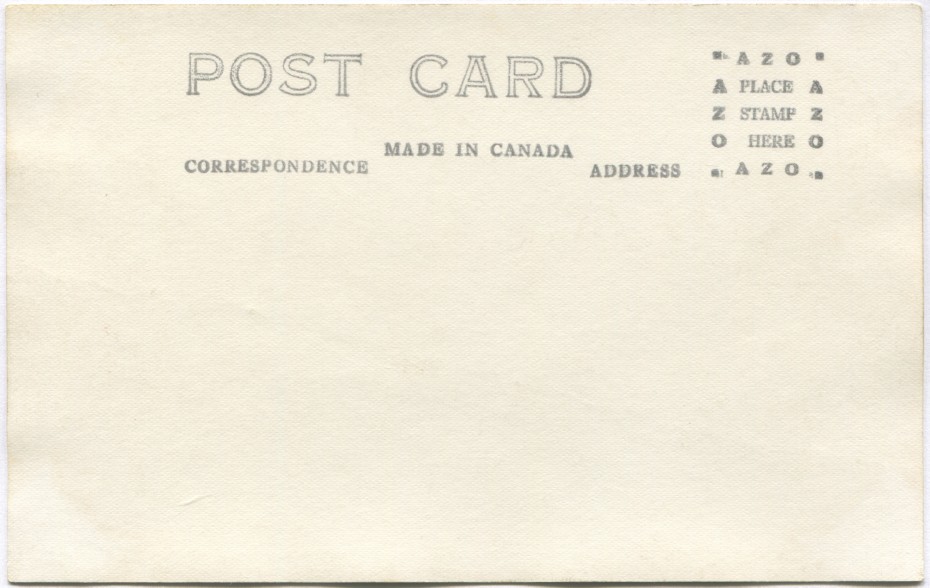 Reverse of a 1940s Alaska Highway postcard with an AZO stamp box
