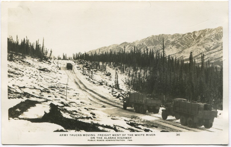 Postcard showing  Alaska Highway in the 1940s