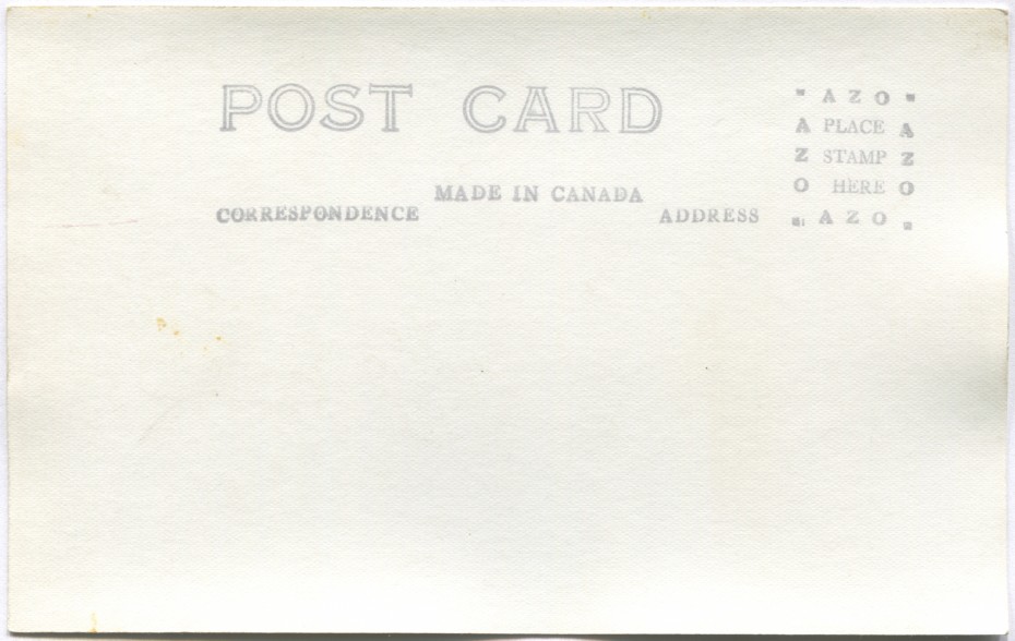 Reverse of a 1940s Alaska Highway postcard with an AZO stamp box