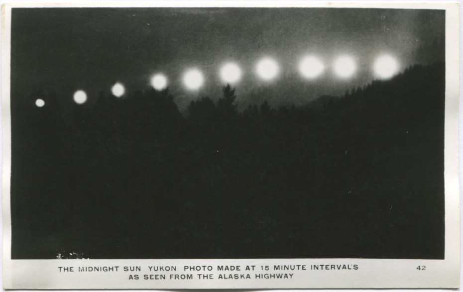 Alaska Highway postcard showing the midnight sun, 1940s