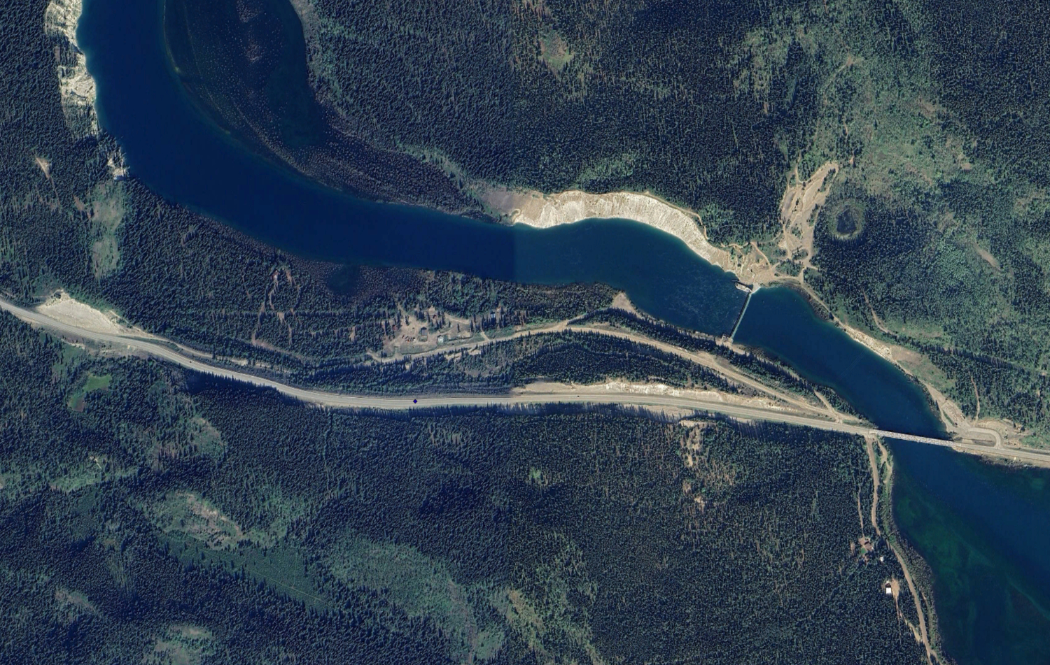 A Google Earth view of the Yukon River Bridge area on the Alaska Highway.