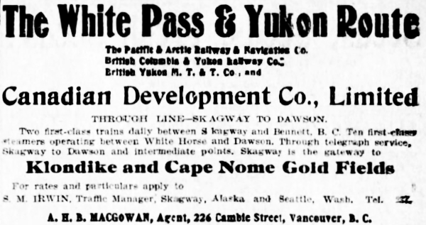 Joint White Pass & Yukon Route / Canadian Development Company ad, May 20, 1900