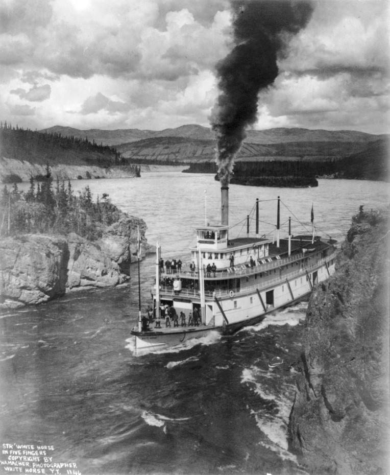 The sternwheeler White Horse in Five Finger Rapids on the Yukon River. Photo by Ephraim J. Hamacher, 1904.