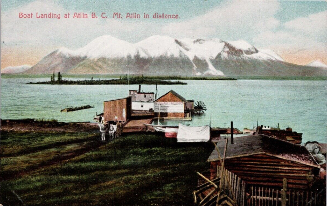The Atlin waterfront in 1899, with the sternwheeler Scotia at Russell's wharf.