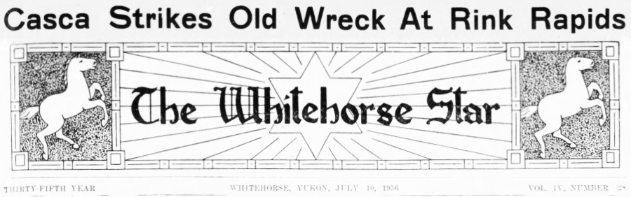 Headline: Casca Strikes Old Wreck At Rink Rapids, Yukon River, 1936