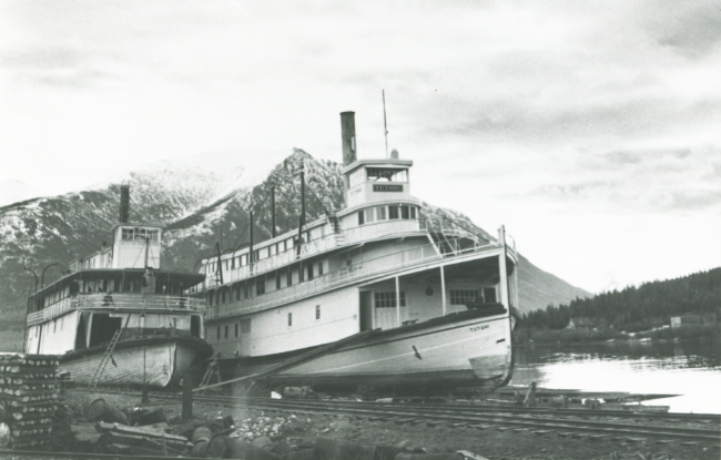 The Gleaner and Tutshi on the ways at Carcross ca. 1944.
