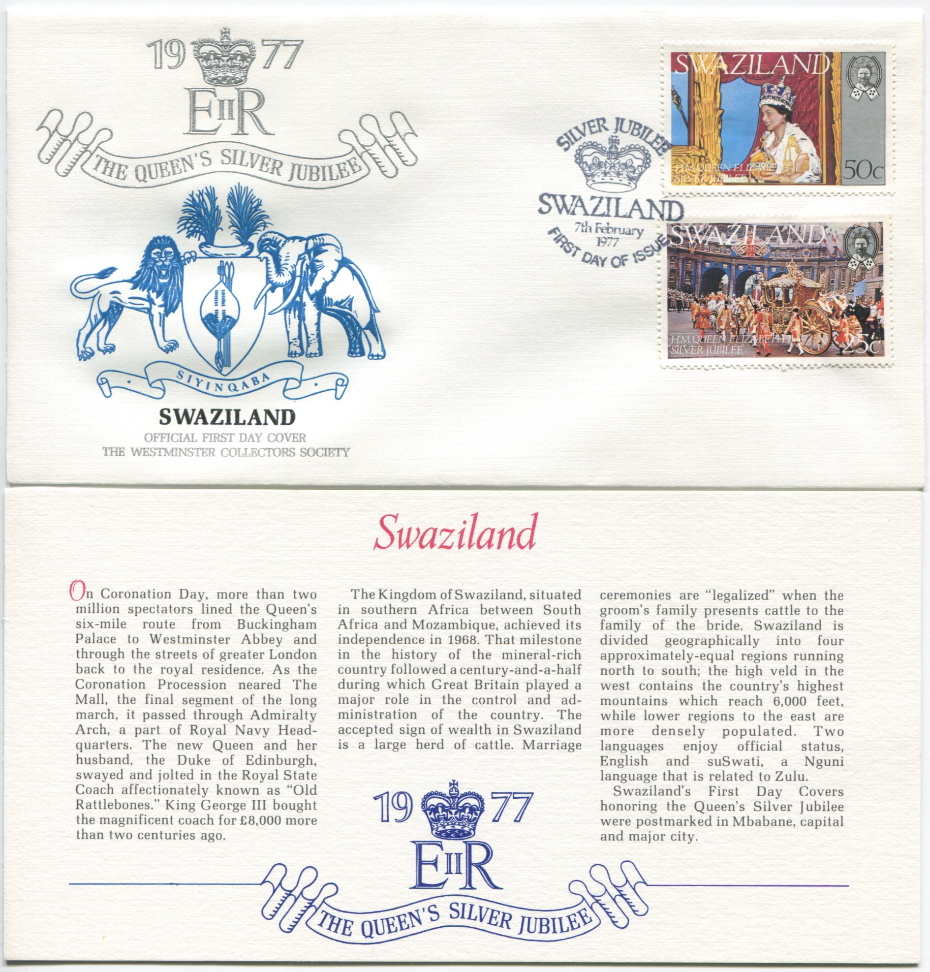 Swaziland First Day Cover from the Queen Elizabeth II Silver Jubilee Series, 1977