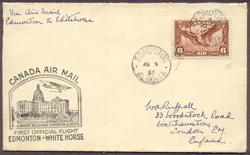 Air Mail First Flight Cover: Edmonton to Whitehorse, July 5, 1937