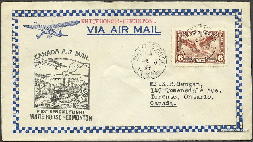 Air Mail First Flight Cover: Whitehorse to Edmonton: July 8, 1937
