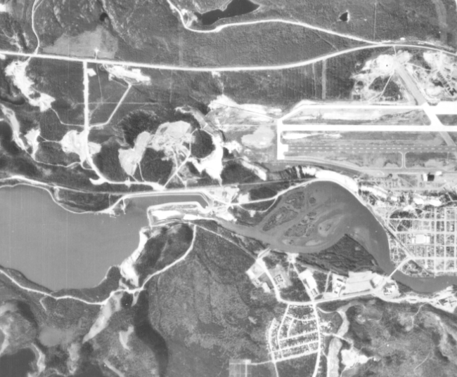 Aerial view of Robert Service Way, Whitehorse, 1963