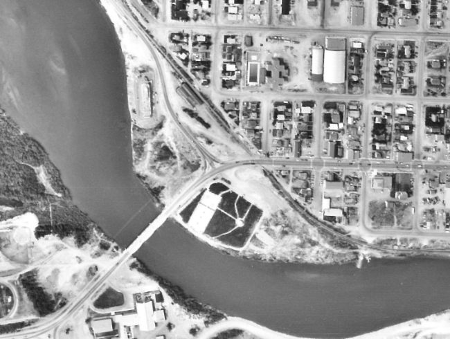 Aerial view of Robert Service Way, Whitehorse, 1971