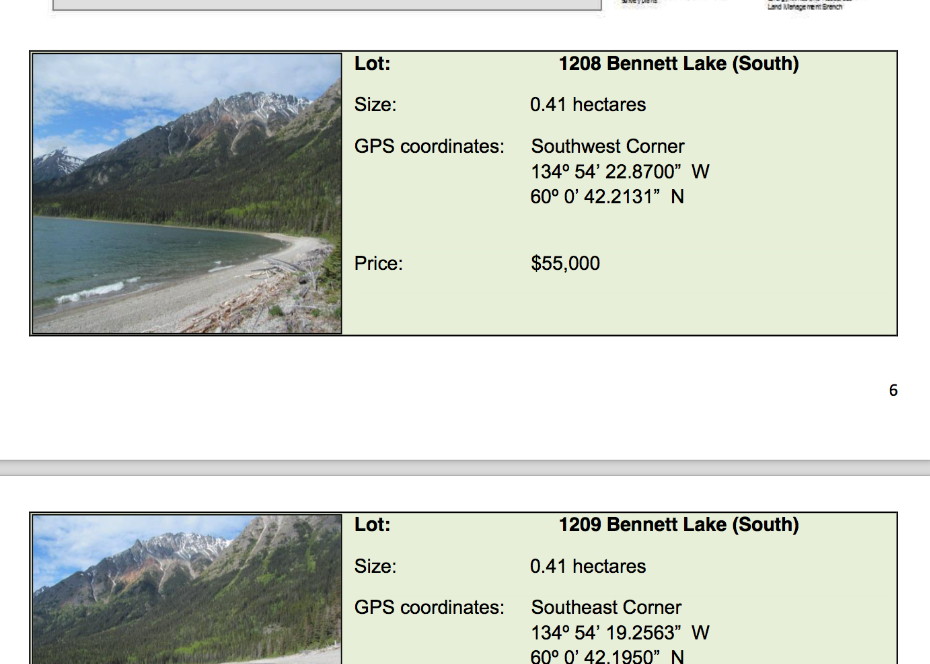 Recreational lots on Lake Bennett, Yukon