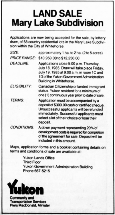 Mary Lake subdivision land lottery, 1985.