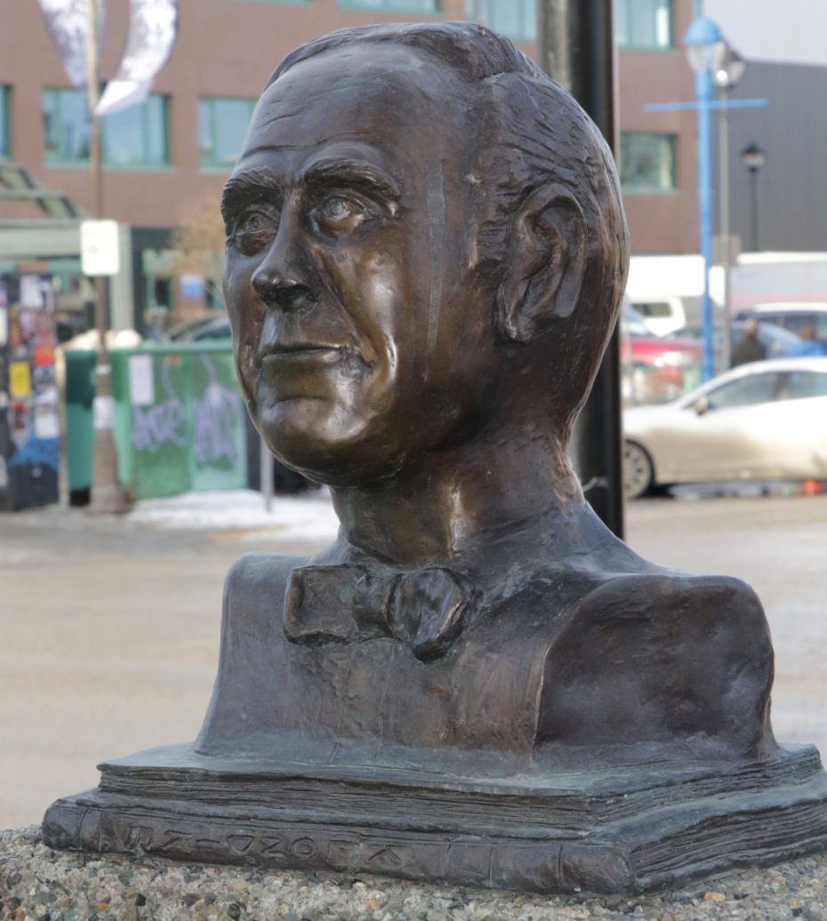 Bronze bust of Pierre Berton in Whitehorse, Yukon