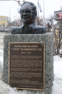 Bronze bust of Ted Harrison in Whitehorse, Yukon
