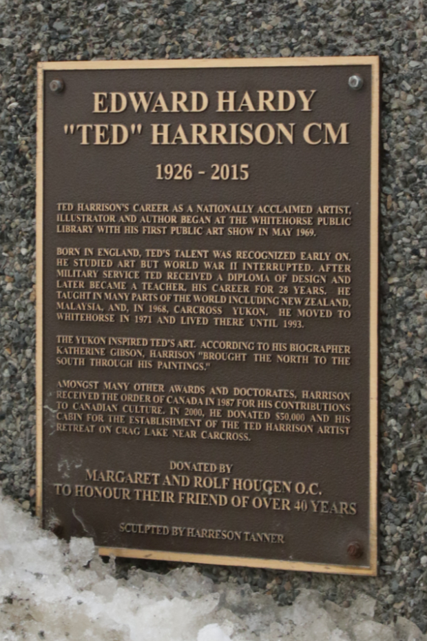 Bronze bust of Ted Harrison in Whitehorse, Yukon
