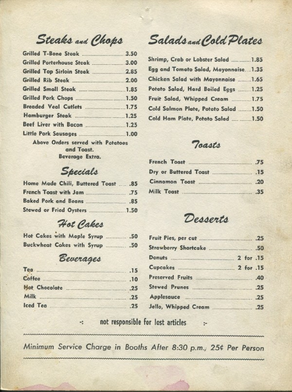 1960s Menu - Cheechako Grill, Whitehorse, Yukon