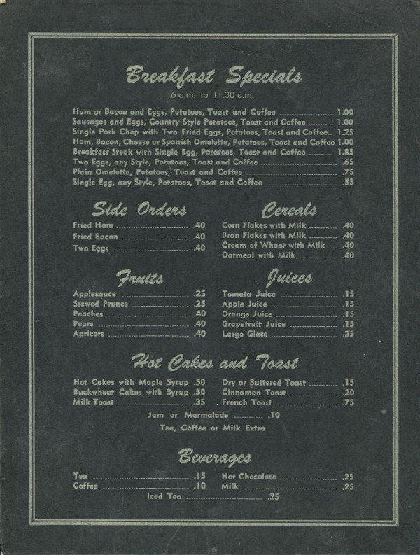 1960s Menu - Cheechako Grill, Whitehorse, Yukon