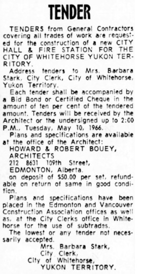 Whitehorse City Hall tender, 1966